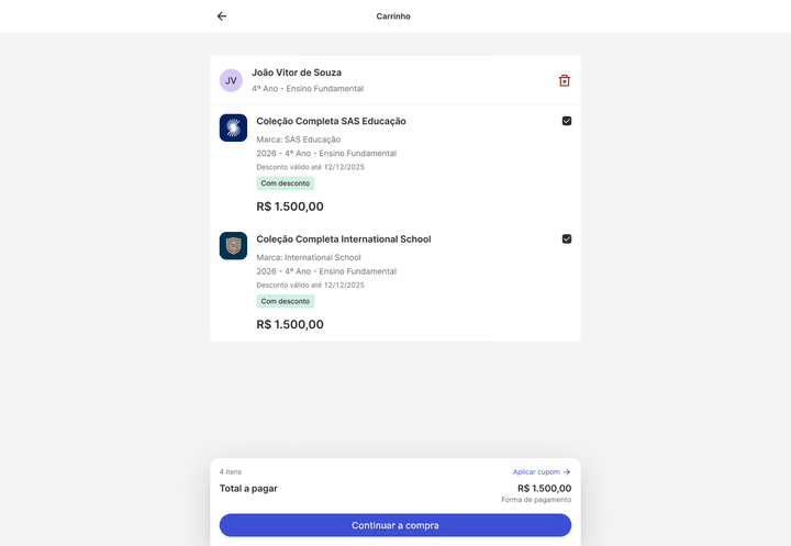 Carrinho de compras com o resumo do pedido