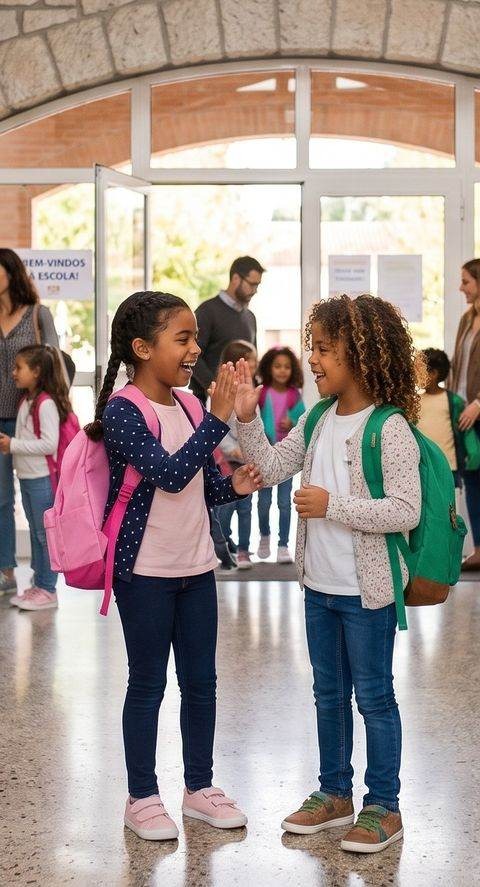 Alunos se cumprimentando na volta às aulas