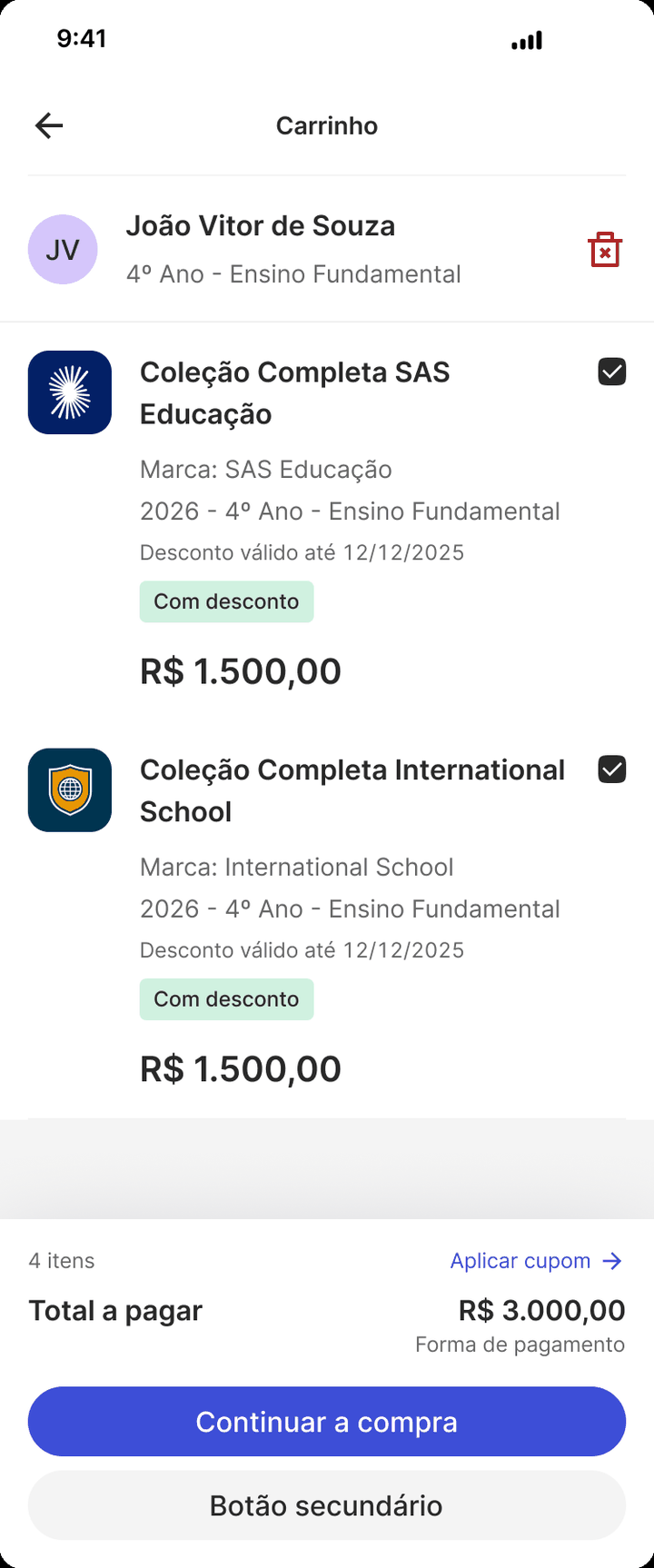 Carrinho de compras com o resumo do pedido