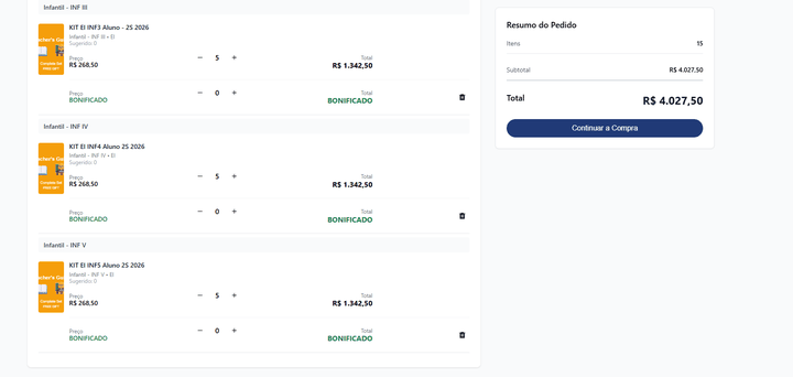 Resumo do pedido na loja, com itens, subtotal e botão Continuar a Compra