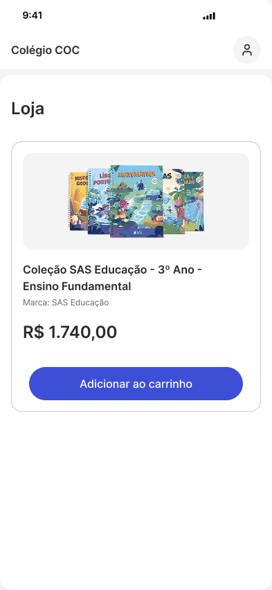 Página inicial do app Meu Arco com a oferta de material e botão adicionar ao carrinho