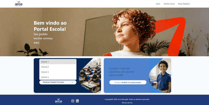 Portal Escola com as opções Realizar Pedido Principal e Realizar Pedido Complementar