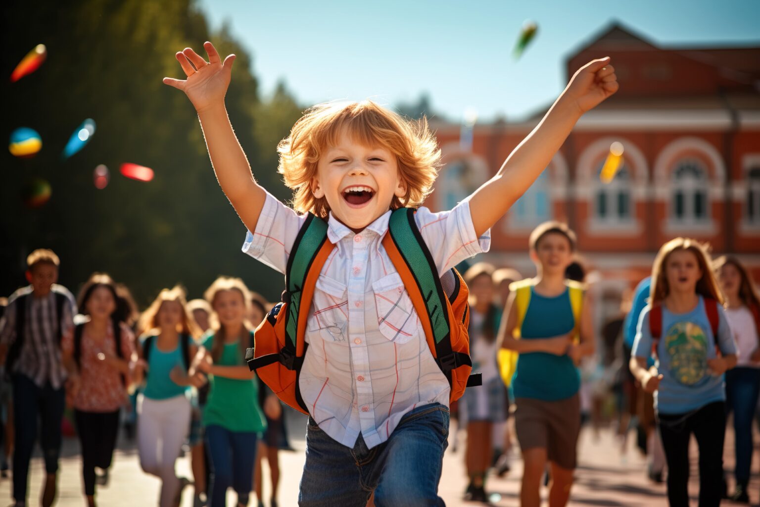 Estudantes felizes chegando à escola, com o menino da frente de braços erguidos