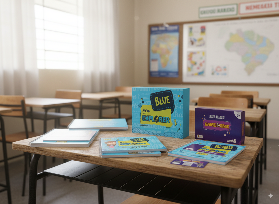Coleção de materiais didáticos International School sobre carteira em sala de aula