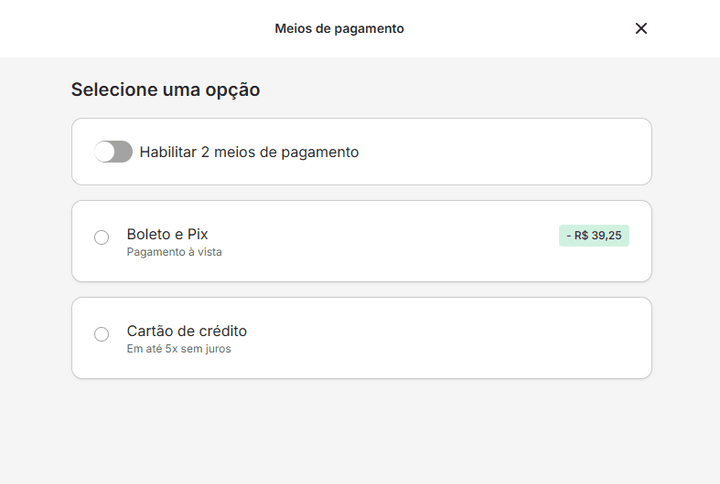 Tela de meios de pagamento com opções boleto e Pix, ou cartão de crédito