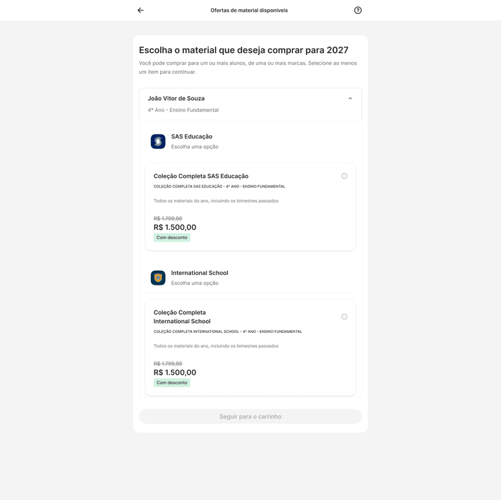 Tela com as ofertas de material disponíveis, com seleção de mais de uma oferta