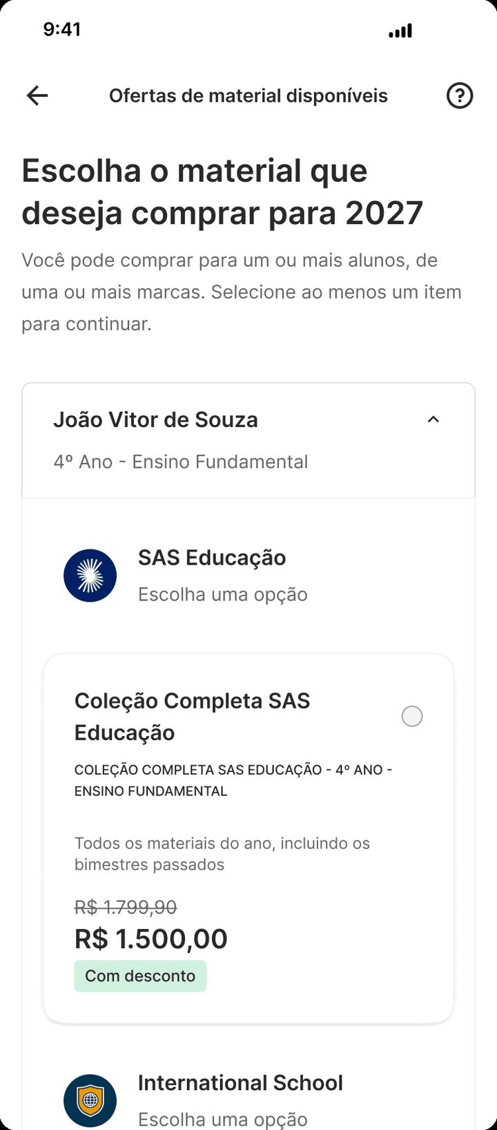 Tela com as ofertas de material disponíveis para seleção